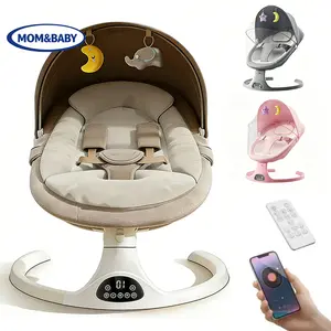 Electric Baby Swing, Hands-Free Smart Rocker with Bluetooth, 5-Gear Motion, Music, Portable Remote Control, Adjustable Backrest, Contoured Lounger, Removable Point Harness, Aluminum Frame, Plain Design for 0-6 Month Infants (Indoor Use)