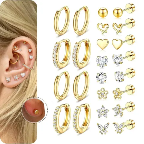 Women's Elegant 24-Piece 20g Gold-Plated Stainless Steel Body-Safe Earring Stacks Gold Set - Small Huggie Hoops, Flat Back Studs, Screw Back for Sensitive Ears, Non-Tarnish Daily Wear Jewelry for Daith Piercings
