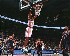 Evan Mobley Cleveland Cavaliers Autographed 16" x 20" White Jersey Dunk Photograph - Fanatics Authentic Certified