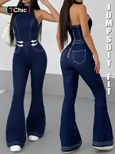 Women's Dark Wash Halter Neck Denim Jumpsuit, Sleeveless Bodycon Flared Bootcut Jeans, Y2K 70s Retro Style for Festivals & Night Out