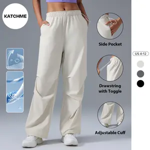 KatchMe Women's Versatile Mid-Rise Drawstring Stretch Wide Leg Trousers, Sporty Nylon Breathable Soft Cargo Pants, Workout Lightweight Parachute Pants