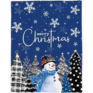 1pc Christmas blanket, soft and comfortable flannel blanket with buffalo, checkered tree, snowman, and snowflake design, suitable for sofa beds and winter holiday decorations (navy blue).