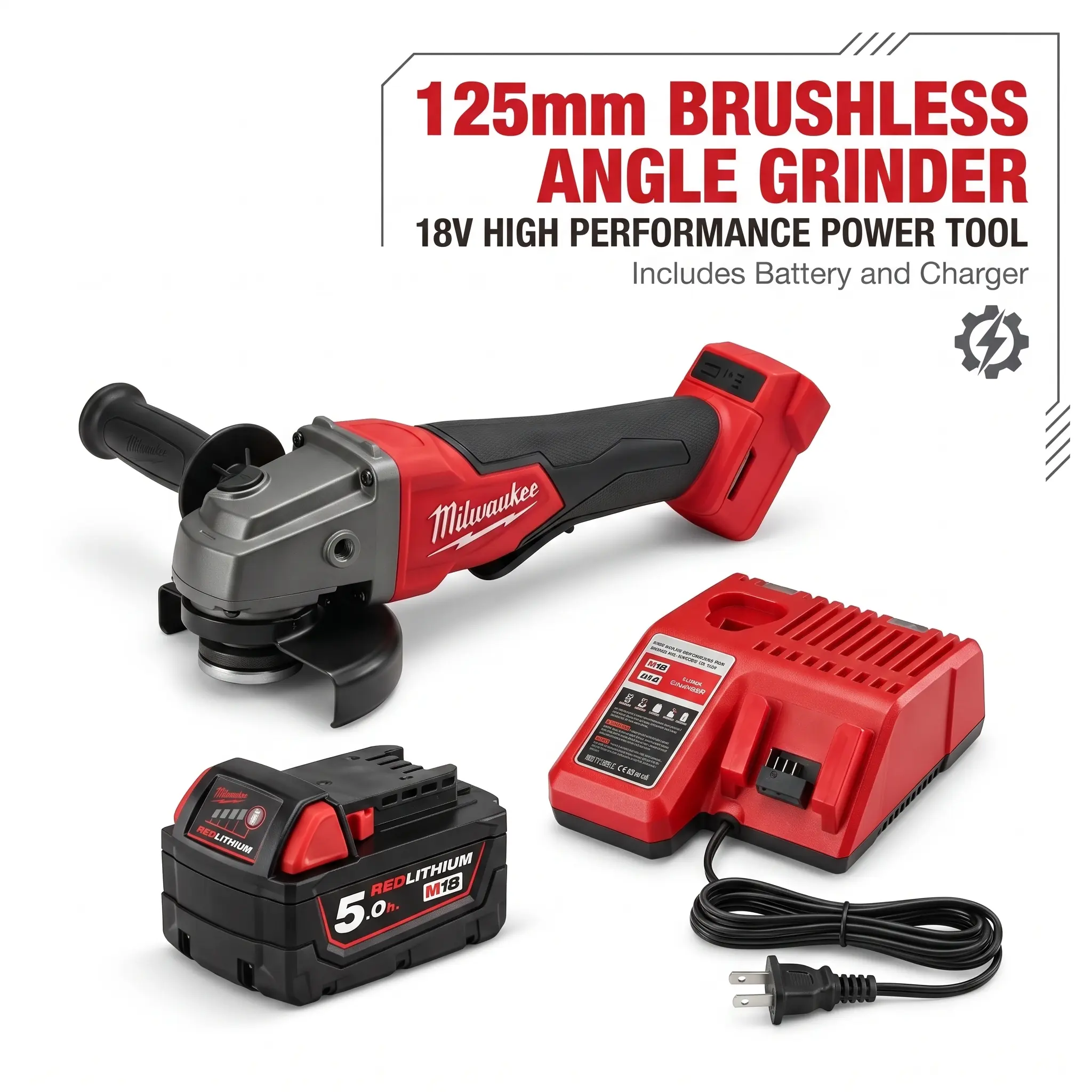 Milwaukee M18 18V 125mm Brushless Angle Grinder Cordless Power Tool M14 Spindle 3500-8500 RPM Paddle Switch 33mm Cutting Depth for Metal Cutting Grinding Polishing Construction Welding Automotive Repair Home