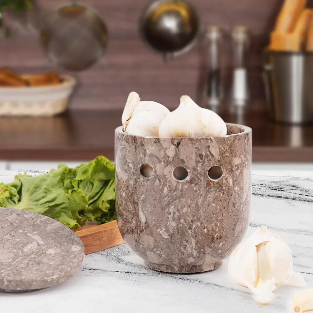 Elborse Marble Garlic Keeper for Counter 4.5 inch Handmade Garlic Holder for Countertop Storage, Ideal Garlic Keeper Small & Garlics Cloves Container