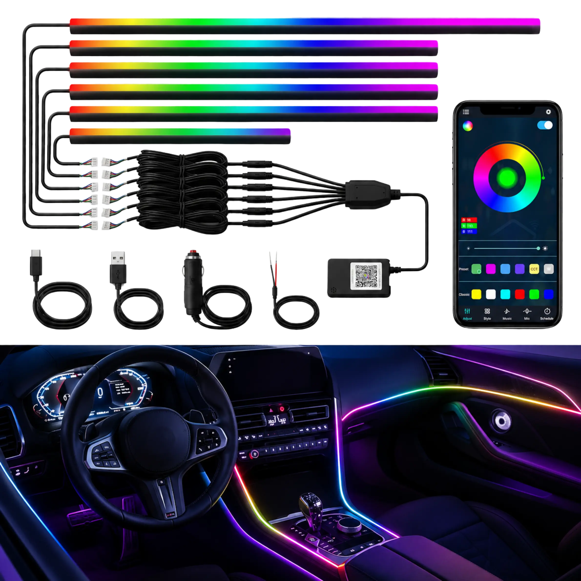 Lume 6 Acrylic LED Kit RGBIC LED Interior Lighting for Cars, Trucks, & SUVs. RGBIC LEDs with Music Sync Mode ,Plug & Play, Cut-to-Length Design. Universal Fit