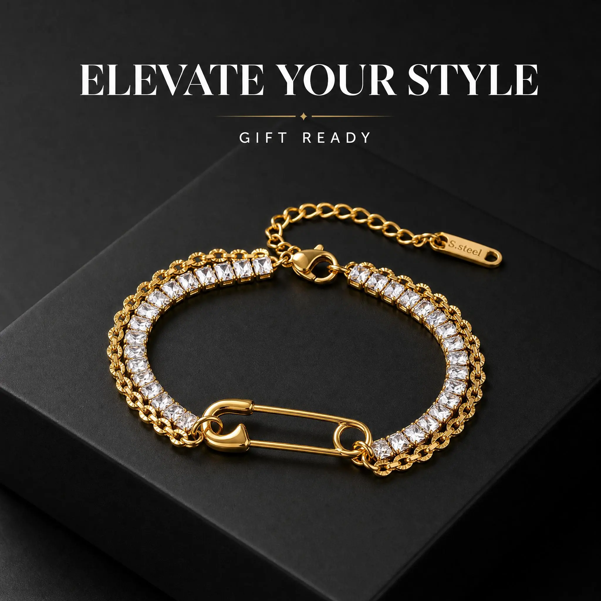 18K Gold Plated Double-Layer Chain Bracelet, Hypoallergenic Stainless Steel with Cubic Zirconia & Safety Pin Detail, Waterproof Statement Jewelry for Women
