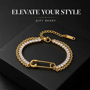 18K Gold Plated Double-Layer Chain Bracelet, Hypoallergenic Stainless Steel with Cubic Zirconia & Safety Pin Detail, Waterproof Statement Jewelry for Women