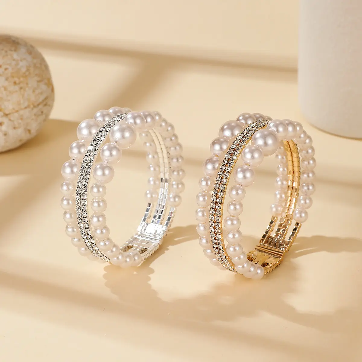 Multi-Layer Pearl & Rhinestone Stretch Bracelet, Handmade Beaded Inlaid Rhinestone Elastic Bangle Jewelry for Women