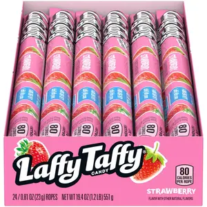 Laffy Taffy Rope Candy, Strawberry Flavor, 0.81 Ounce Ropes, Pack of 24, Soft Chewy Texture, 80 Calories per Rope, Ideal for Sharing