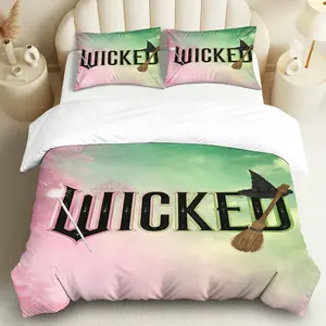 3PCS Duvet Cover Set, 1 Duvet+2 Pillowcases(Without filler), Wicked Witch Hat Broom Magic Wand Halloween theme, Halloween bedding set, Enchanting Spooky Unique Whimsical Suitable for decoration Bedroom Living Room Guest Room Hotel.