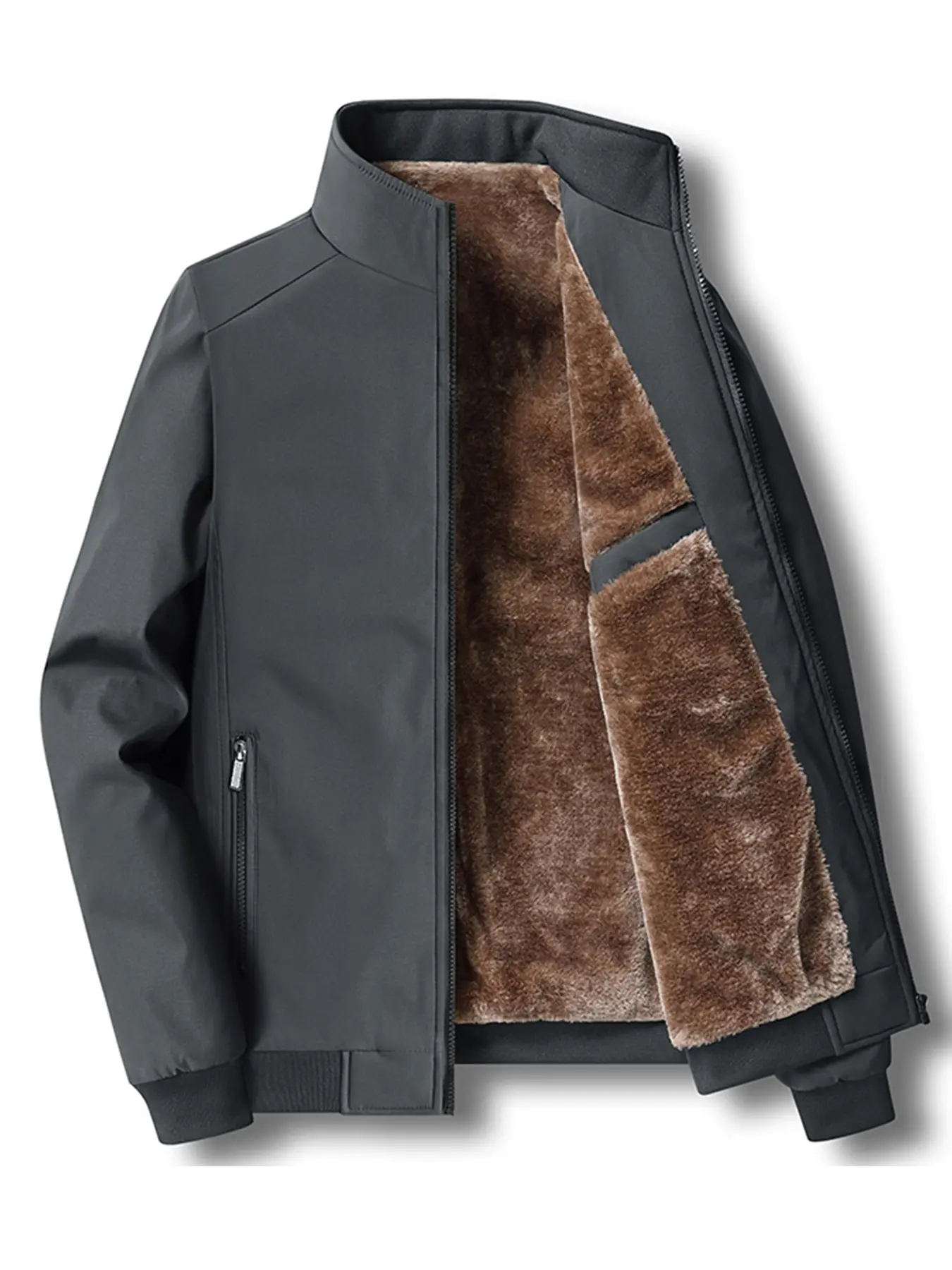 Men's Fall Winter Fleece Thermal Lined Jacket, Casual Comfortable Stand Collar, Outdoor Soft Shell Zipper Cardigan, Lamb Velvet Warm Lining