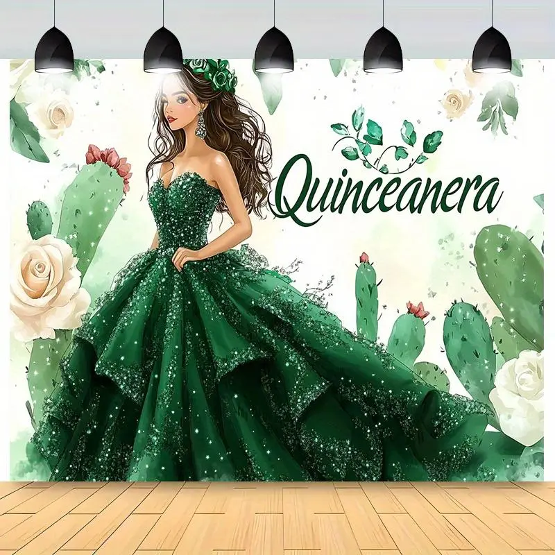 1pc Cordless Hanging Quinceanera Backdrop Banner - Print, Stain Resistant, Durable Polyester Textile, Modern Elegant Green Gown & Floral-Cactus Design, for Quinceaneras, Weddings, Wedding, Party Backdrop, Floral Print
