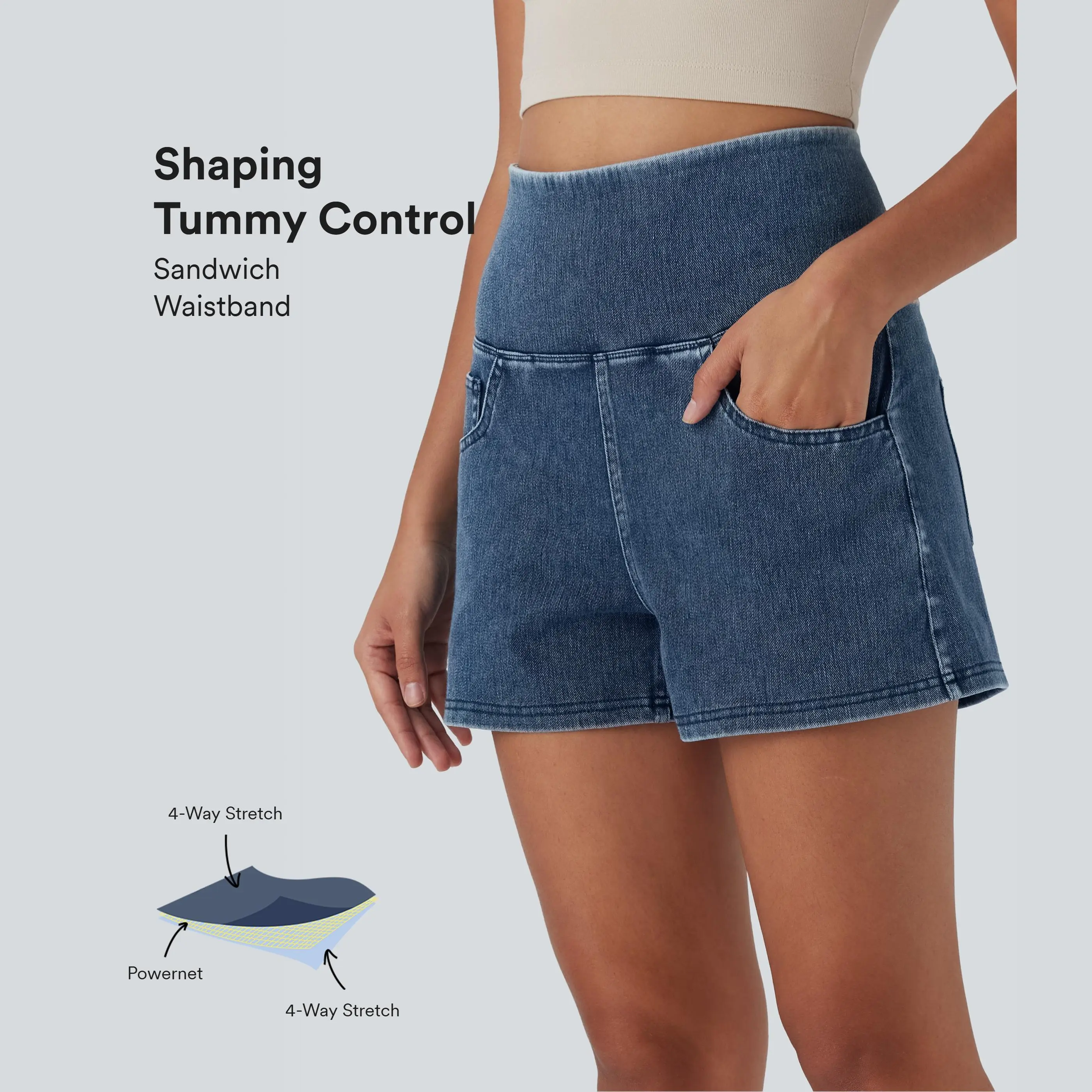 Halara Women's Flex High-Waisted Tummy Control 3'' Denim Casual Shorts with Pockets