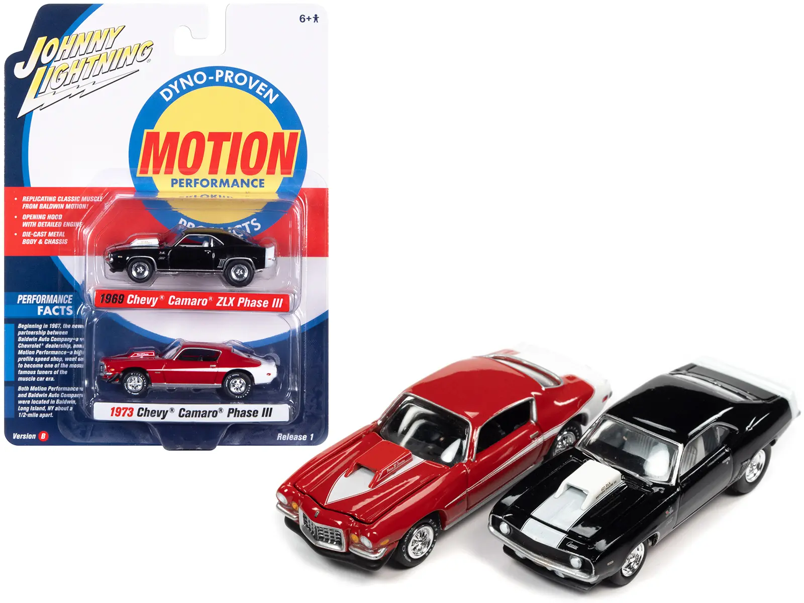 1969 Chevrolet Camaro ZLX Phase III Black w/White & 1973 Phase III Medium Red & White 1/64 Diecast Model Cars Johnny Lightning