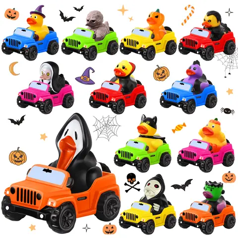 12 Durable Halloween Ducks with Mini Colorful Cars - Scary-Cute Classic Novelty Toys, Themed Variety Box Party Favor Packs, Kids’ Bath Toys, Stocking Stuffers