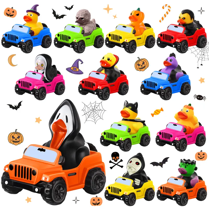 12 Durable Halloween Ducks with Mini Colorful Cars - Scary-Cute Classic Novelty Toys, Themed Variety Box Party Favor Packs, Kids’ Bath Toys, Stocking Stuffers