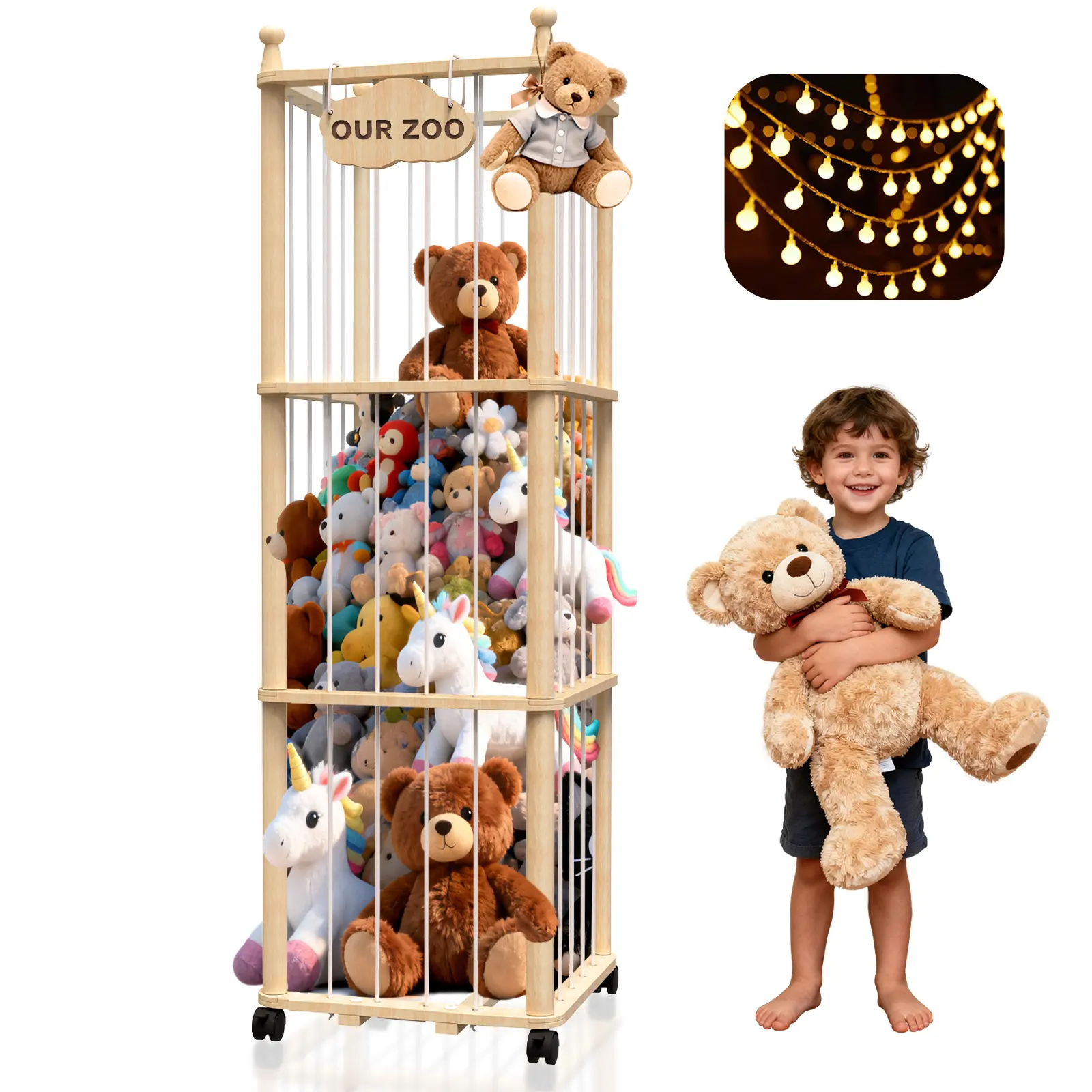 Stuffed Animal Storage, Wooden Stuffed Animal Holder with Brake Wheels, Plush Toy Storage with Elastic Bands, Extra Large Toy Organizer and Display Cage for Nursery, Bedroom, Playroom
