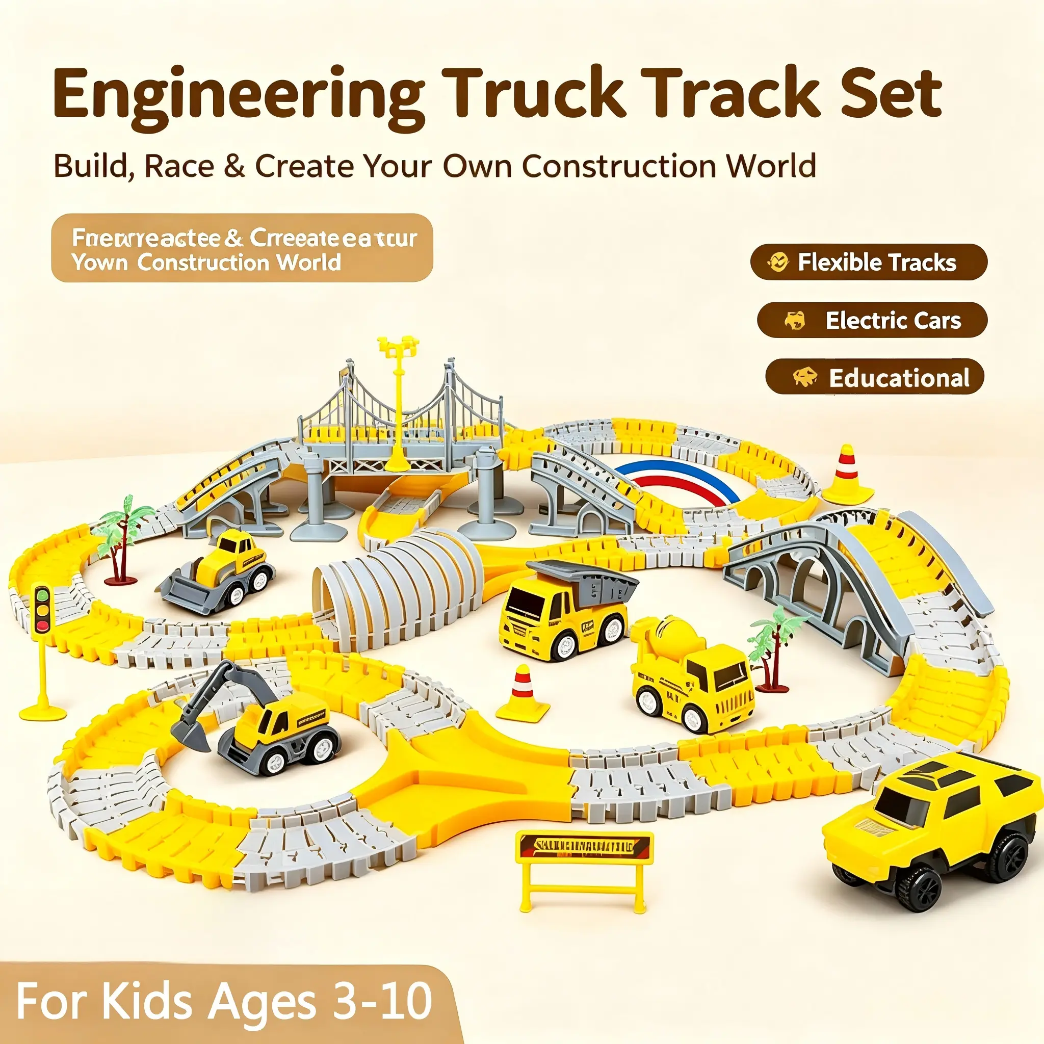 TongLi ETC Plastic STEM Engineering Truck Track Set for Kids 3+, Electric Building Toy with Multi-Layer Overpasses, Various Engineering Cars, Durable Design for Detail Observation Skills, DIY Build, Creative Play, Crafting Fun Christmas Gift