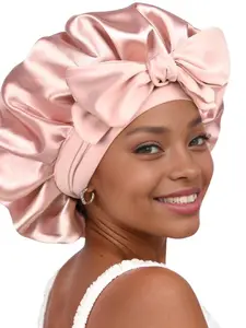 Silk Satin Two-Sided Colorblock Elastic Band Sleep Cap, Silk Headscarf for Sleeping, Beauty Makeup Hat, Wide Brim Bath Cap, Hair Care Cap