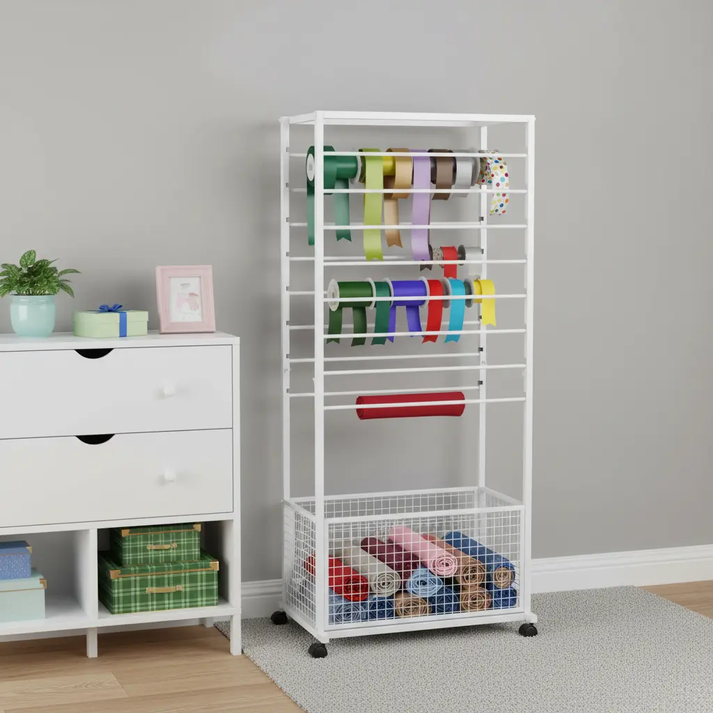 16-Tier Double-Sided Multifunctional Ribbon Storage Rack with Casters - 50kg Capacity Floor Standing Display, for Fabric, Scarf, Towel, Belt Storage in Fabric Shop, Craft Room (Indoor Furniture Coat Rack), Boutique