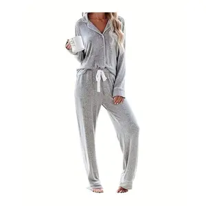 Women's Cozy Cotton-Blend Pajama Set - Long Sleeve, Button-Up Top with Belt & Elastic Waistband Pants, V-Neck, Non-Transparent - Perfect for Spring/Fall Casual Loungewear Fabric Nightwear Womenswear Polyester Homewear Pjs Pajamas Khaki Matching Pajamas