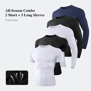 5 Pack Workout Compression Shirts Men Long/Short Sleeve Rash Guard Athletic Undershirt Gear T Shirt for Sports