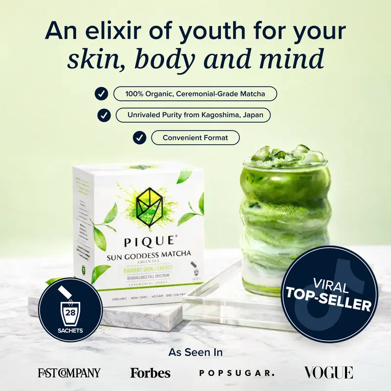 Pique Life Sun Goddess Matcha - Radiant Skin & Energy, Ceremonial Grade, Organic, Non-GMO, Vegan, Gluten Free, Hand-Harvested Spring Leaves (28 servings per carton, 56g total)