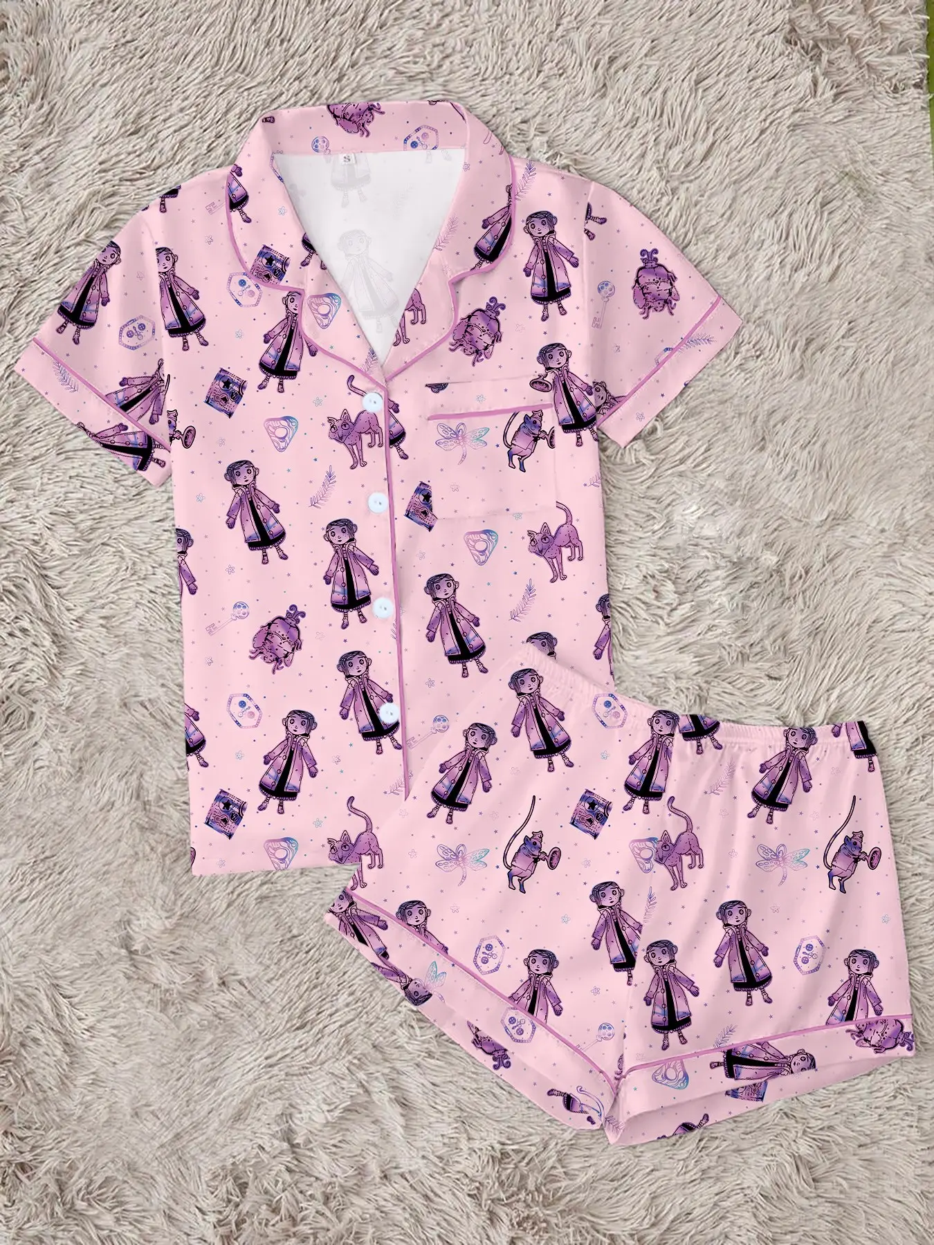 Little Girl Printed Collared Shirt and Pajama Set, Two-Piece Sleepwear, Casual Fitted Style, All Seasons, Party Gift, Home Wear, Fitted Pajamas, Pj Sets