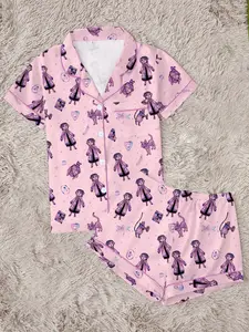 Little Girl Printed Collared Shirt and Pajama Set, Two-Piece Sleepwear, Casual Fitted Style, All Seasons, Party Gift, Home Wear, Fitted Pajamas