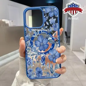 Blue Flowers Pattern Magnetic Phone Case Supports Wireless Charging for iPhone 17 16 Pro Max 15 Plus 14 13 12 11  Air XR XS E Plus Shockproof Non Slip Protection Silicone Transparent Acrylic Cover Cellphone Protective