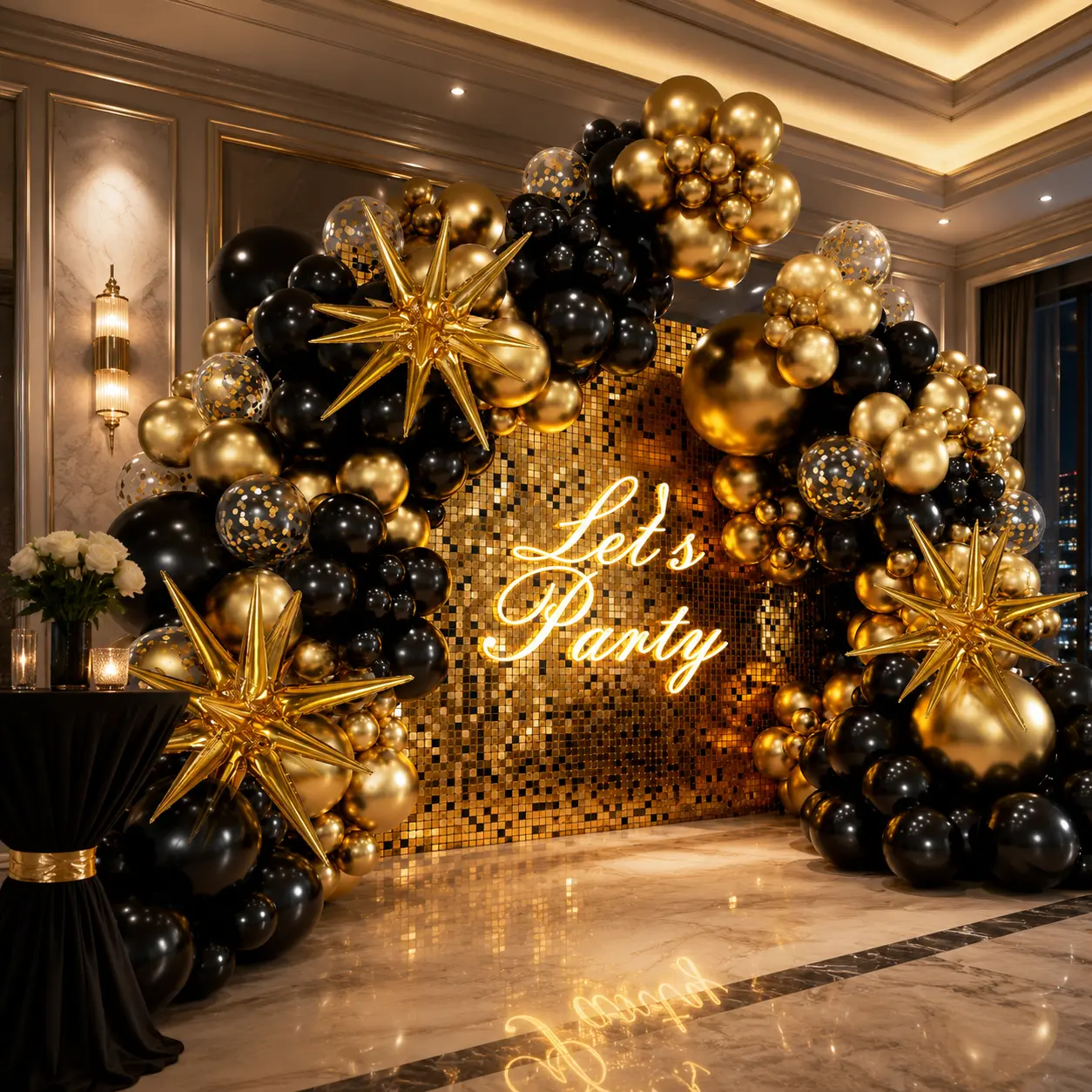 Black & Gold-21 Mixed-Sizes Balloon Garland Set, Chic Luxury 21-Piece Kit with Gold Glitter Confetti, Home & Party Supplies for Birthday Decorations, Anniversary, Photo Backdrop (Balloon Arch Decor)