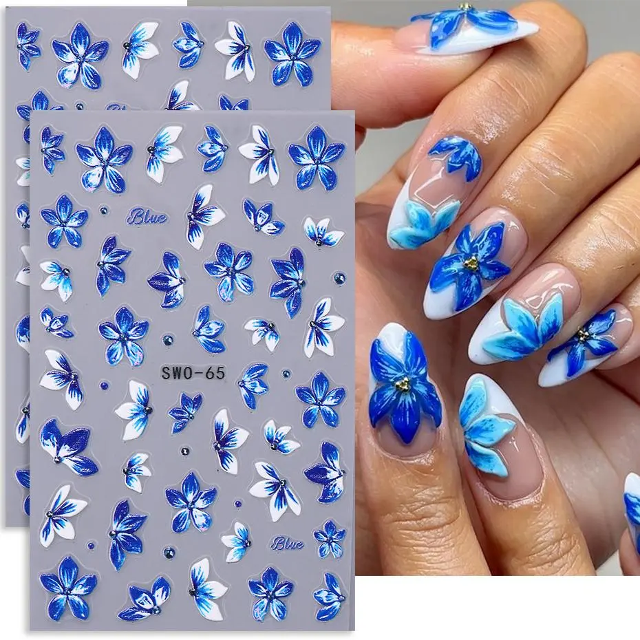 2pcs 3D Flower Nail Stickers Blue Purple Petals Floral Lily Nail Decals Elegant Decor DIY Adhesive Slider Manicure Accessories