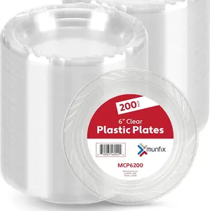 200 Clear Plastic Plates Set - 6 Inch Plastic Dessert Plates, Disposable Plates Bulk Pack, Party Plates for BBQ, Picnic, Parties, Travel and Events, Microwavable Recyclable