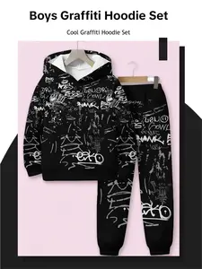 Boys' Graffiti Hooded Clothing Set with Cool Hand-Drawn Sweatshirt + Jogger Pants, Casual Spring & Fall Kids