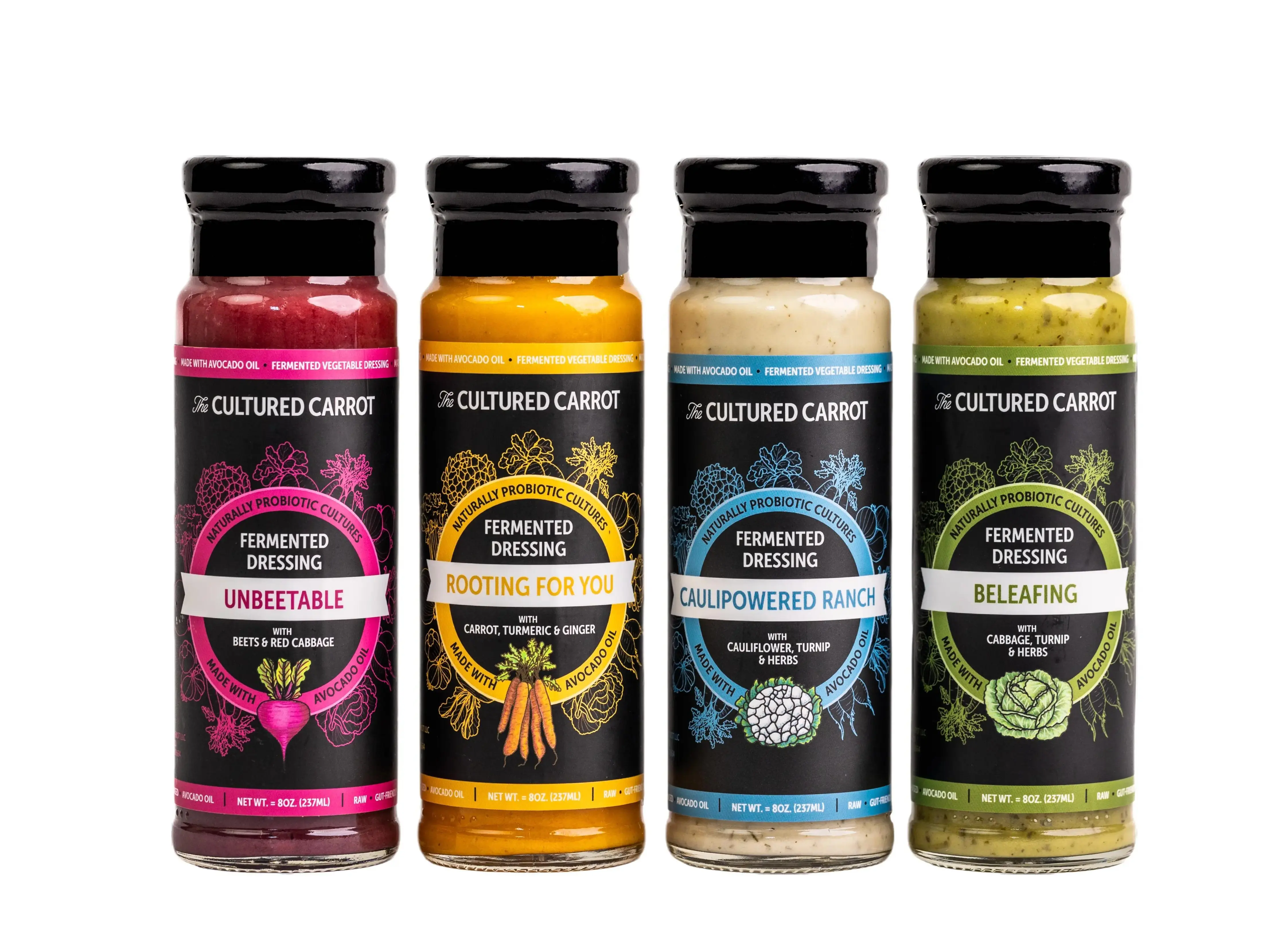 Cultured Carrot - Enjoy All 4 Flavors & Save with Fermented Dressing Bundle Pack - Unbeatable, Rooting For You, CauliPowered Ranch, BelFeating - Boosts Gut Health - US Product