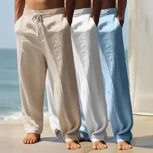 Men’s 3-pack linen straight-leg casual pants—lightweight, breathable, non-claustrophobic even when sweating; drawstring tie design; loose and comfortable; suitable for beach vacations, home wear, and everyday commuting.