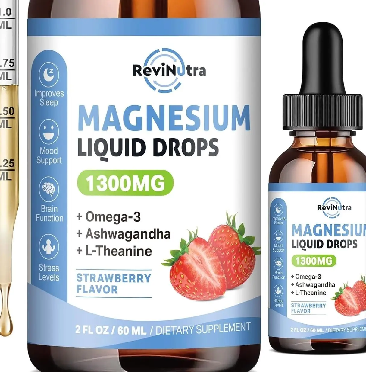 Triple Magnesium Complex Liquid Drops, 1300mg Magnesium Glycinate, Taurate & Citrate with Omega3, L-Theanine, Ashwagandha, Potassium, D3, B6, B12 for Calm, Sleep, Muscle, Strawberry Flavor, 2 Fl OZ