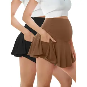 Solid-color maternity skorts, casual comfortable breathable pocket design skorts for summer, maternity bottoms for daily wear, lightweight athletic skirts, tennis skort, athletic skort