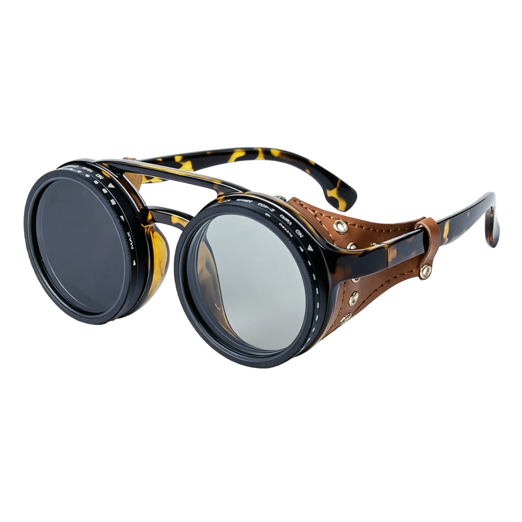 OUANGANC Adjustable Auto-Tint Men's Full Rim Sunglasses, Polarized Retro Round Steampunk 1-9 Tint Levels ND Filter Lenses with Leather Side Shields, Customizable Protection for Driving, Fishing, Adjustable Auto-Tint Men's Sunglasses