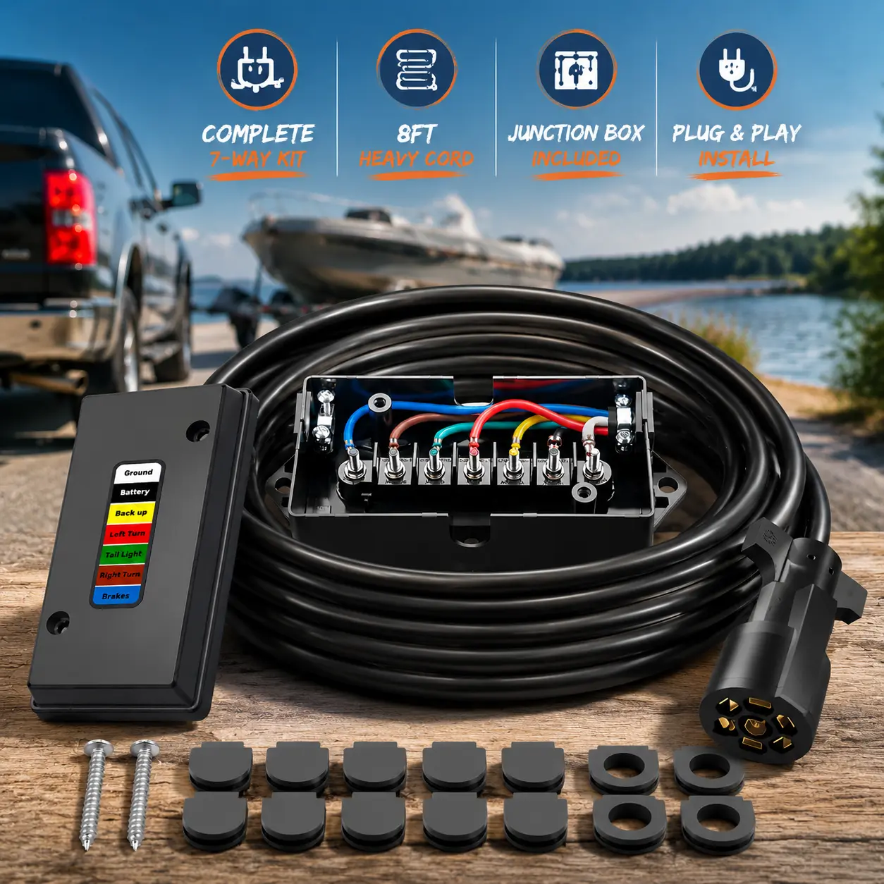 7 Way Trailer Wiring Harness Kit 8 FT Trailer Cord with 7 Pin Trailer Plug and Junction Box Kit Premium Light and Brake Wiring Wires for Trailer RV