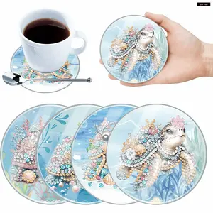 4pcs Acrylic DIY Diamond Painting Coasters Kits with Holder Diamond Painting Art Coaster Kit Can Be Washed With Water Diamond Painting Crafts Coaster for Beginners Adults & Art Craft Supplies