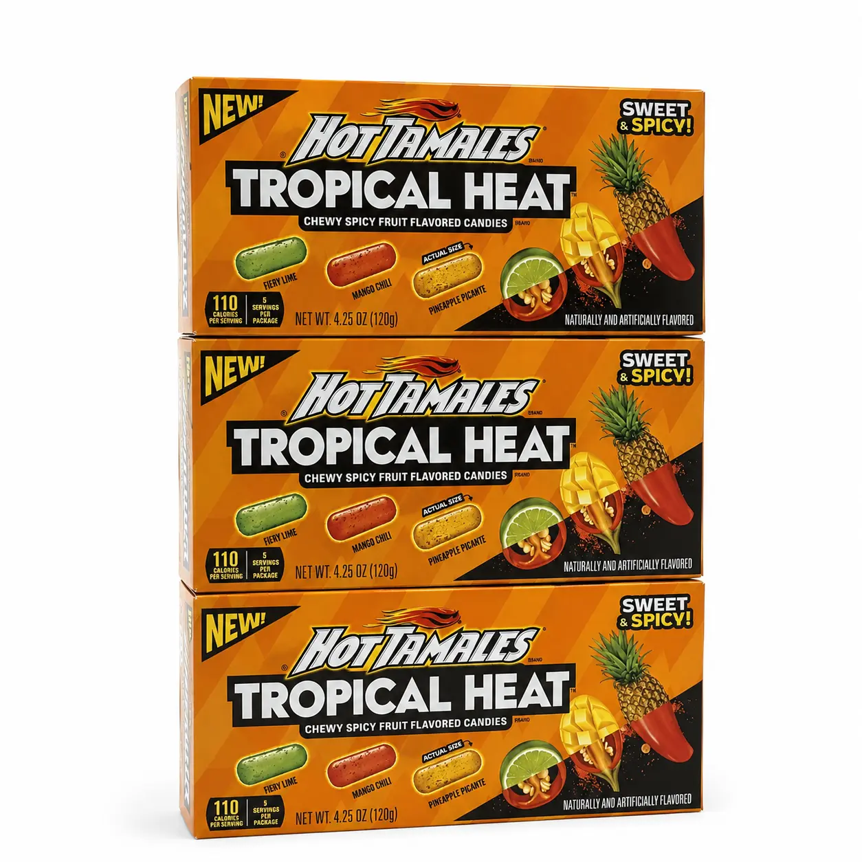 New Hot Tamales Tropical Heat 4.25 Box (3-Pack) - Pineapple Picante, Mango Chilli & Fiery Lime Flavors