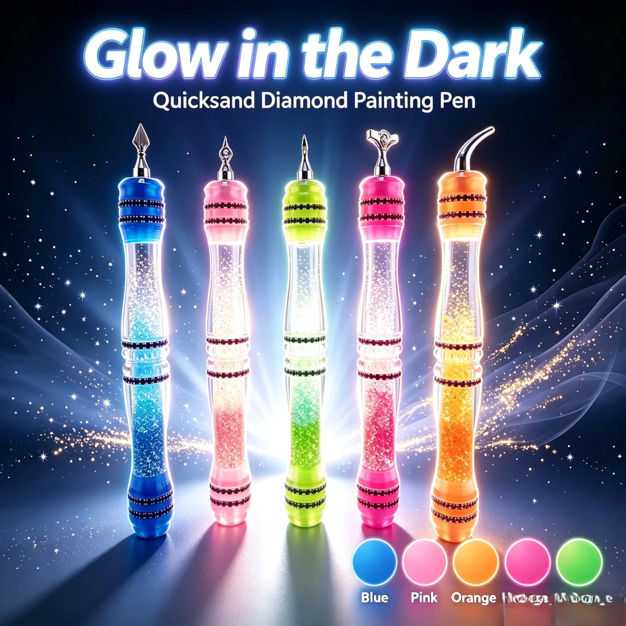 Glow-in-the-Dark Quicksand Diamond Painting Pen - Dual-Tip Resin Drill Pen with Glitter Liquid Handle, 5 Colors Available, Essential DIY Needlework Tool for Diamond Art Lovers