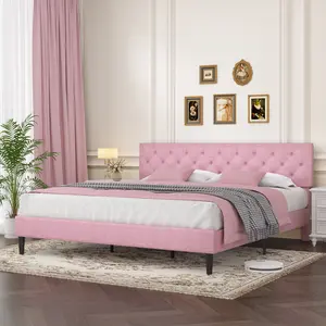 HOMBCK Bed Frame with Headboard, No mattress, Wood Slat Support, Button Tufted, Mattress Foundation, No Box Spring Needed