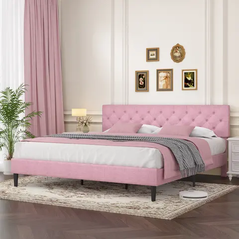 HOMBCK Silent Wooden Bedframe - Divan Bed with Button Tufted Headboard, Wood Slat Support Mattress Foundation, No Box Spring/Mattress Needed, Queen/Twin Size Options, Assembly Required (Tools Needed) for Bedroom Decor, Headboard Bed Frames