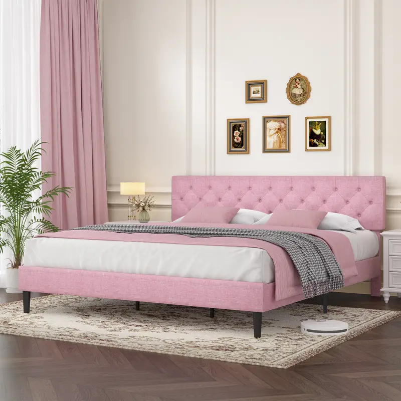 HOMBCK Silent Wooden Bedframe - Divan Bed with Button Tufted Headboard, Wood Slat Support Mattress Foundation, No Box Spring/Mattress Needed, Queen/Twin Size Options, Assembly Required (Tools Needed) for Bedroom Decor, Headboard Bed Frames