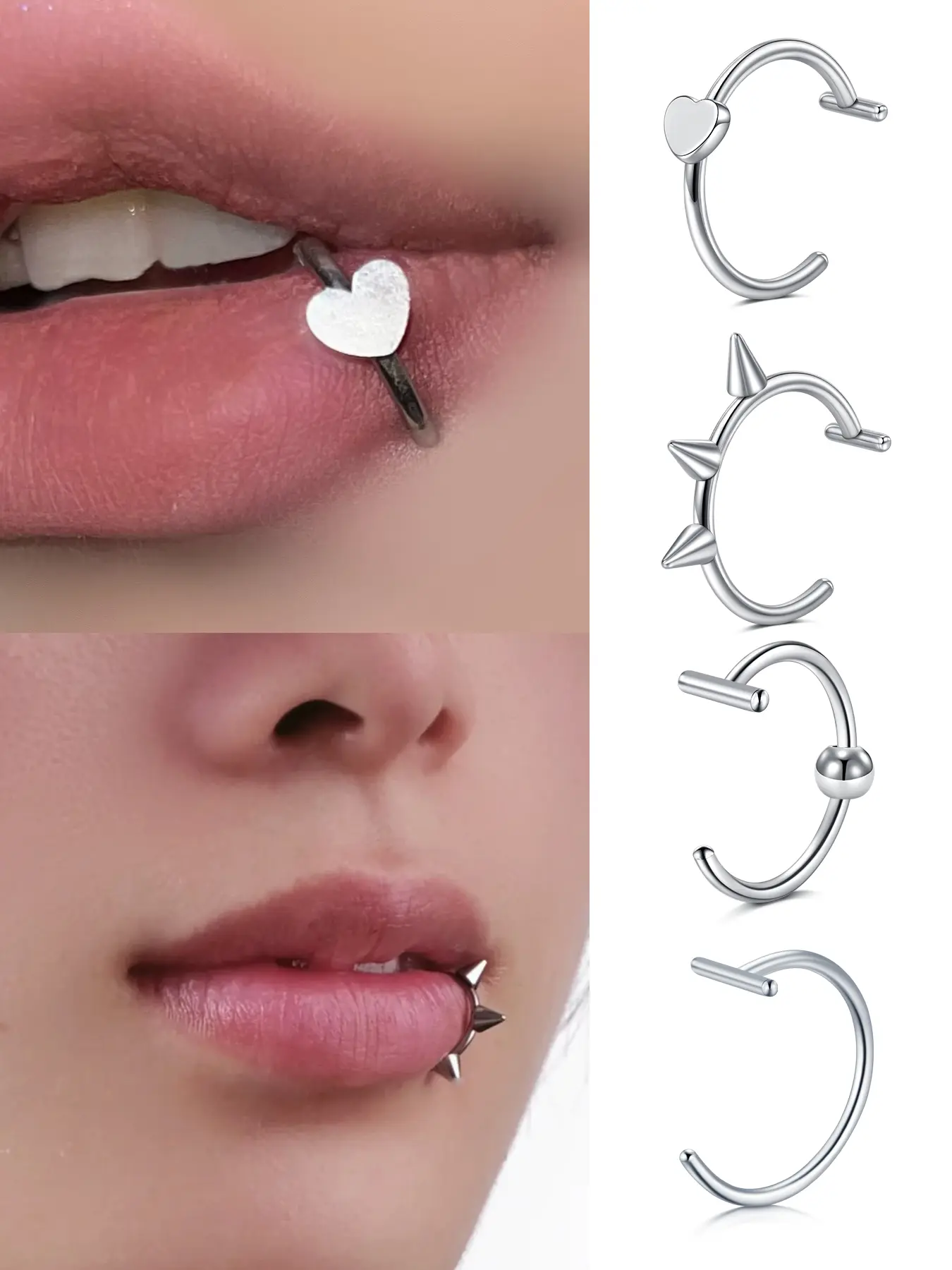 4Pcs Fake Nose Ring Nose Septum for Women Men D-shaped Clip On Faux Nose Piercings Fake Septum Cuffs Non Piercing Jewelry Lip Rings Fashion Chic Body Jewelry Accessory Septum Clicker Ring Nose Rings Set