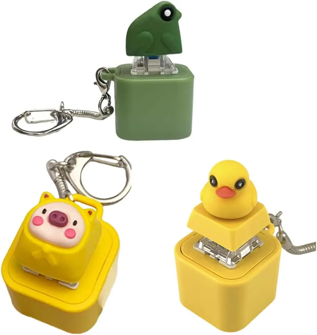 3 Pcs Croaking Frog, Yellow Duck & Pig Keychain – Rechargeable Stress-Relieving Clicky Keyboard, Animal Fidget Toys for Adults, Frog Croaking Stress Reliever with Colorful Lights