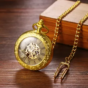 OIDEA Automatic Mechanical Engraved Pocket Watch with Waist Chain, 1ATM Gold Tone Unisex Fob Watch