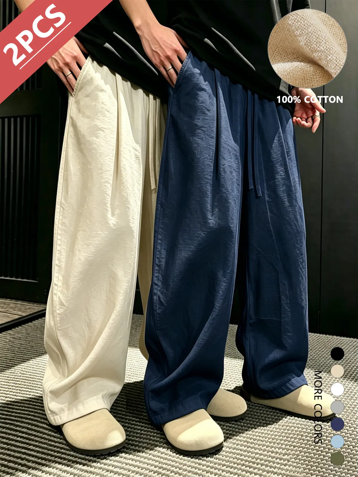 Men’s summer casual long pants, 100% cotton linen blend, loose straight cut, skin-friendly breathable fabric